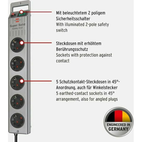 Brennenstuhl Super-Solid Line Πολύπριζο Ασφαλείας 5 Θέσεων με Διακόπτη και Καλώδιο 2.5m Ασημί