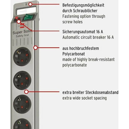 Brennenstuhl Super-Solid Line Πολύπριζο Ασφαλείας 5 Θέσεων με Διακόπτη και Καλώδιο 2.5m Ασημί