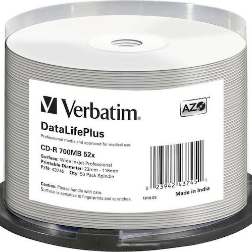 Verbatim Εγγράψιμα CD-R 52x Printable 700MB Cake Box 50τμχ