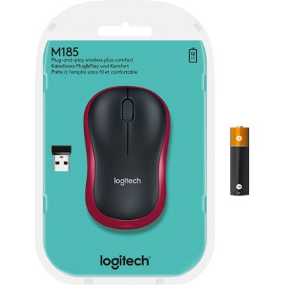 Logitech M185 Ασύρματο Mini Ποντίκι Black/Red