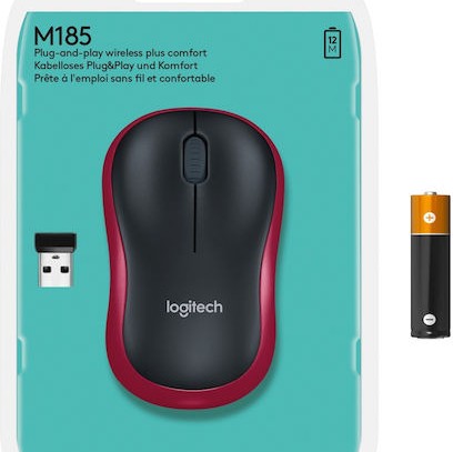 Logitech M185 Ασύρματο Mini Ποντίκι Black/Red