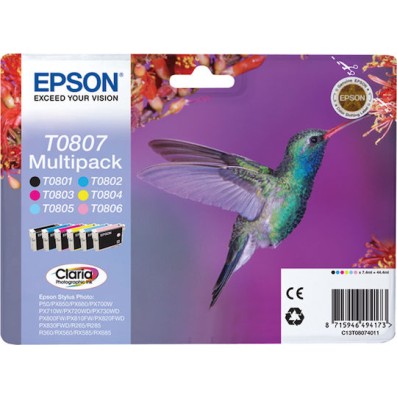Epson T0807 Γνήσιο Πακέτο 6 Μελανιών Εκτυπωτή InkJet Ανοιχτό Κυανό / Ανοιχτό Ματζέντα / Κίτρινο / Κυανό / Ματζέντα / Μαύρο (C13T08074011 C13T08074020 C13T08074010)