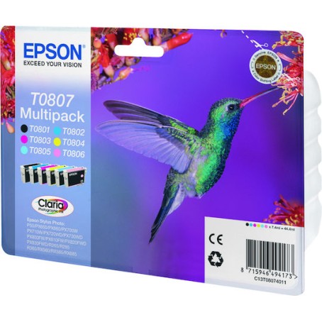 Epson T0807 Γνήσιο Πακέτο 6 Μελανιών Εκτυπωτή InkJet Ανοιχτό Κυανό / Ανοιχτό Ματζέντα / Κίτρινο / Κυανό / Ματζέντα / Μαύρο (C13T08074011 C13T08074020 C13T08074010)