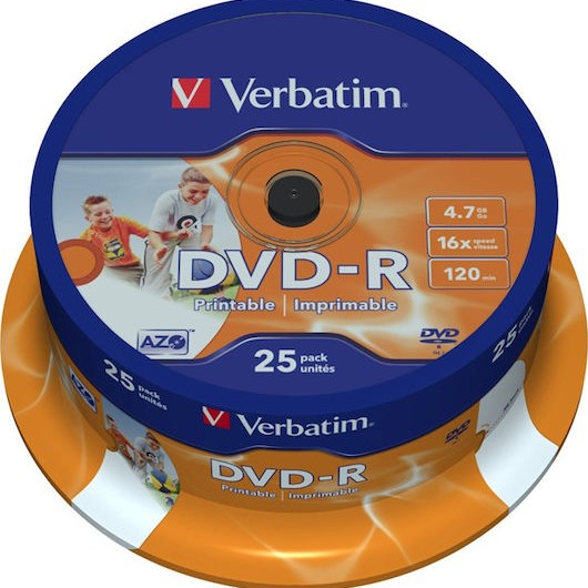 Verbatim Εγγράψιμα DVD-R 16x Printable 4.7GB Cake Box 25τμχ