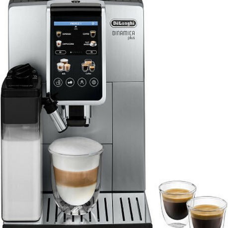 De'Longhi Dinamica Plus Αυτόματη Μηχανή Espresso 1450W Πίεσης 15bar για Cappuccino με Μύλο Άλεσης Ασημί