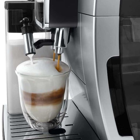 De'Longhi Dinamica Plus Αυτόματη Μηχανή Espresso 1450W Πίεσης 15bar για Cappuccino με Μύλο Άλεσης Ασημί