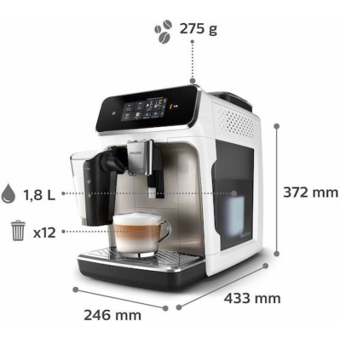Philips Series 2300 Αυτόματη Μηχανή Espresso 1500W Πίεσης 15bar για Cappuccino με Μύλο Άλεσης Λευκή