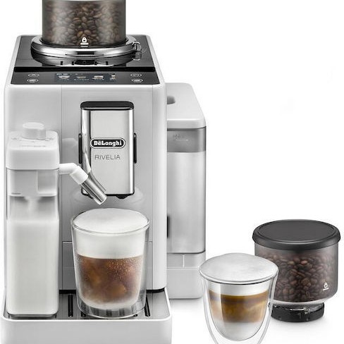 De'Longhi Rivelia Αυτόματη Μηχανή Espresso 1450W Πίεσης 19bar για Cappuccino με Μύλο Άλεσης Λευκή