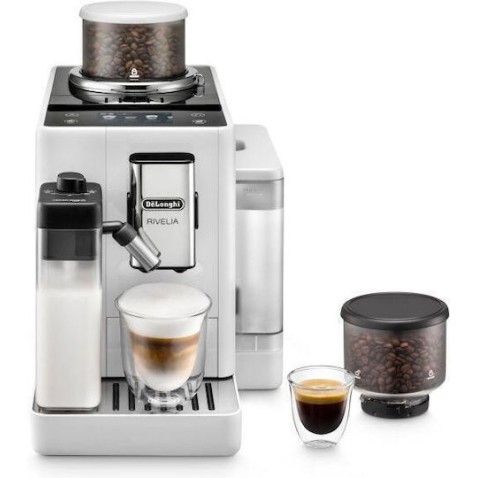 De'Longhi Rivelia Αυτόματη Μηχανή Espresso 1450W Πίεσης 19bar για Cappuccino με Μύλο Άλεσης Λευκή