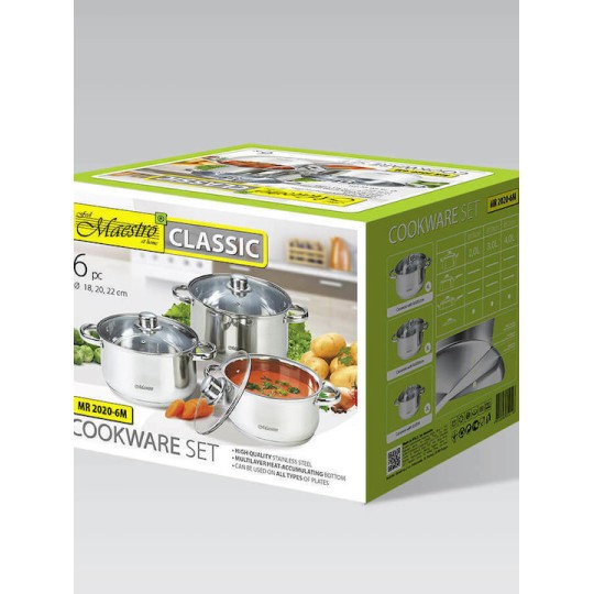 Maestro Σετ Κατσαρόλες από Ανοξείδωτο Ατσάλι Ασημί 6τμχ