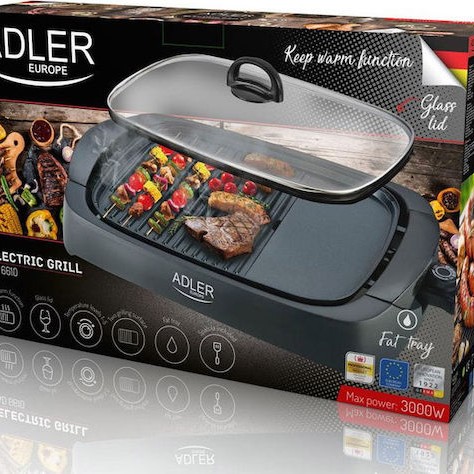 Adler AD-6610 Επιτραπέζια Ηλεκτρική Ψησταριά Σχάρας και Λείας Πλάκας 3000W με Καπάκι και Ρυθμιζόμενο Θερμοστάτη 40x30εκ.