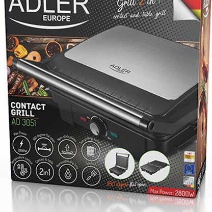 Adler AD3051 Επιτραπέζια Ηλεκτρική Ψησταριά Αυλακωτής Πλάκας 2200W με Καπάκι και Ρυθμιζόμενο Θερμοστάτη 29x24εκ.