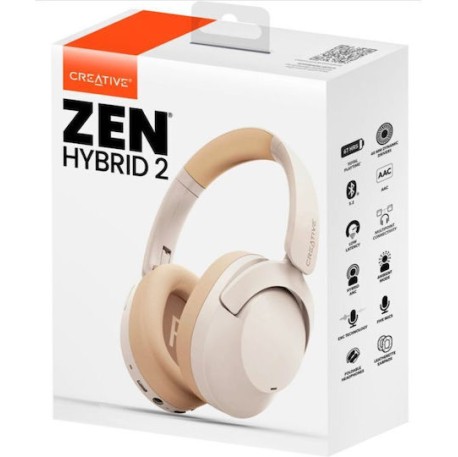 Creative Zen Hybrid 2 Ασύρματα / Ενσύρματα Over Ear Ακουστικά με 67 ώρες Λειτουργίας και Quick Charge Cream