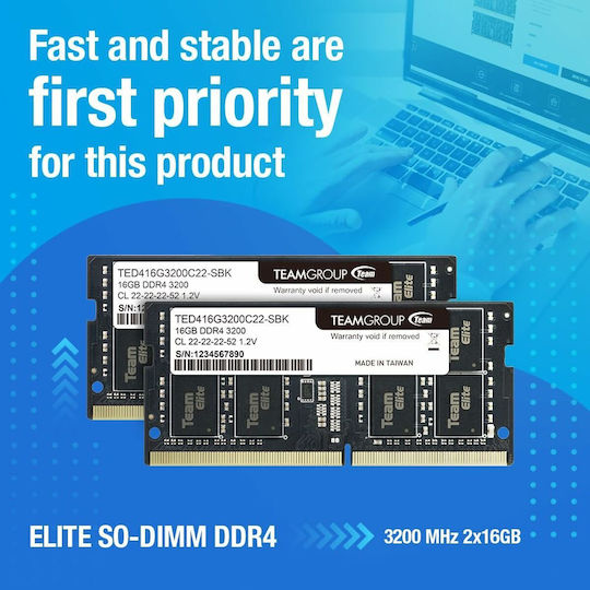 TeamGroup Elite DDR4 με Module 1x8GB και Ταχύτητα 3200 για Laptop