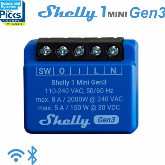 Shelly 1 Mini Gen 3 Smart Ενδιάμεσος Διακόπτης Wi-Fi σε Μπλε Χρώμα