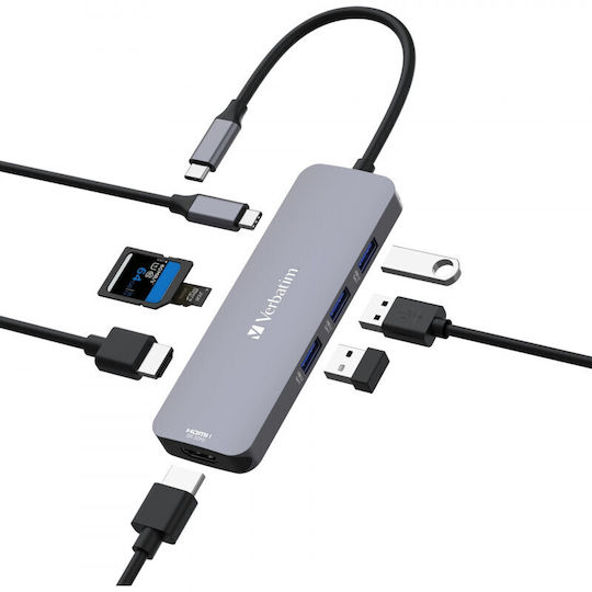 Verbatim USB-C Pro CMH-08 USB-C Docking Station με HDMI 4K PD και σύνδεση 2 Οθονών Γκρι
