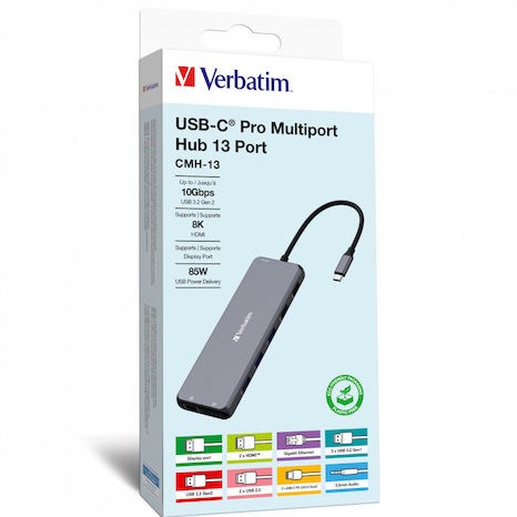 Verbatim CMH-13 USB-C Docking Station με HDMI/DisplayPort 4K PD Ethernet και σύνδεση 3 Οθονών Γκρι