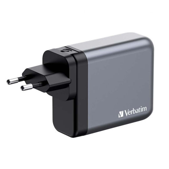 Verbatim Φορτιστής Χωρίς Καλώδιο GaN με Θύρα USB-A και 3 Θύρες USB-C 140W Power Delivery / Quick Charge 3.0 Γκρι (GNC-140)