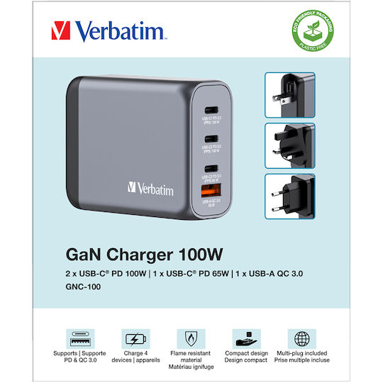 Verbatim Φορτιστής Χωρίς Καλώδιο με Θύρα USB-A και 3 Θύρες USB-C 100W Power Delivery / Quick Charge 3.0 Γκρι (GNC-100)