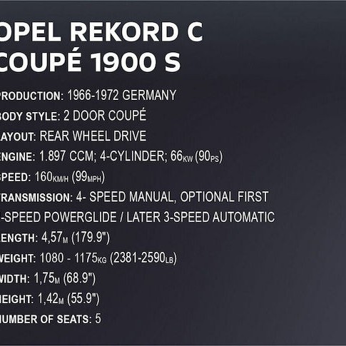 Cobi Τουβλάκια Opel Rekord C Coupe για 11+ Ετών 2195τμχ