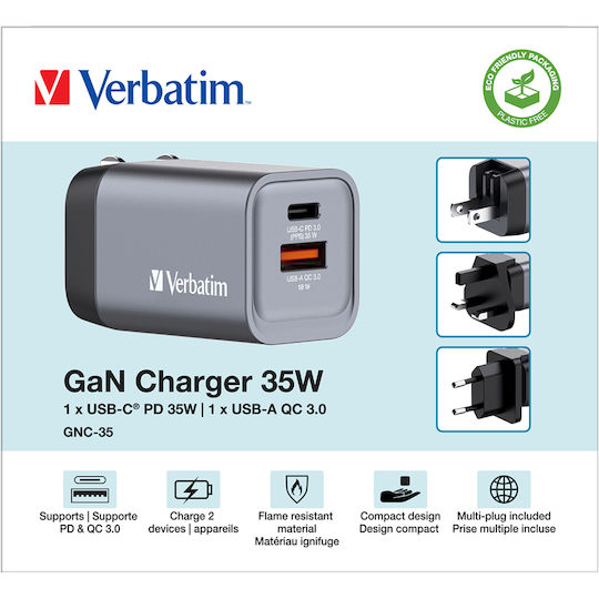 Verbatim Φορτιστής Χωρίς Καλώδιο με Θύρα USB-A και Θύρα USB-C 35W Power Delivery / Quick Charge 3.0 Γκρι (GNC-35)