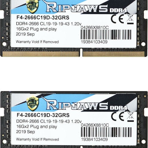 G.Skill Ripjaws DDR4 32GB RAM με 2x16GB Modules και Ταχύτητα 2666 για Laptop