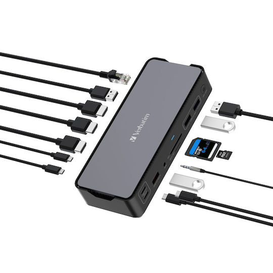 Verbatim USB-C Docking Station με HDMI/DisplayPort 4K PD Ethernet και σύνδεση 2 Οθονών Γκρι (32171)