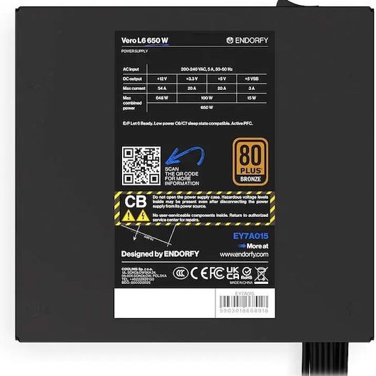 Endorfy Vero L6 650W Μαύρο Τροφοδοτικό Υπολογιστή Full Wired 80 Plus Bronze