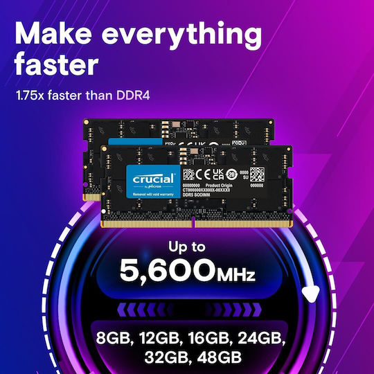 Crucial DDR5 64GB RAM με 2x32GB Modules και Ταχύτητα 4800 για Laptop