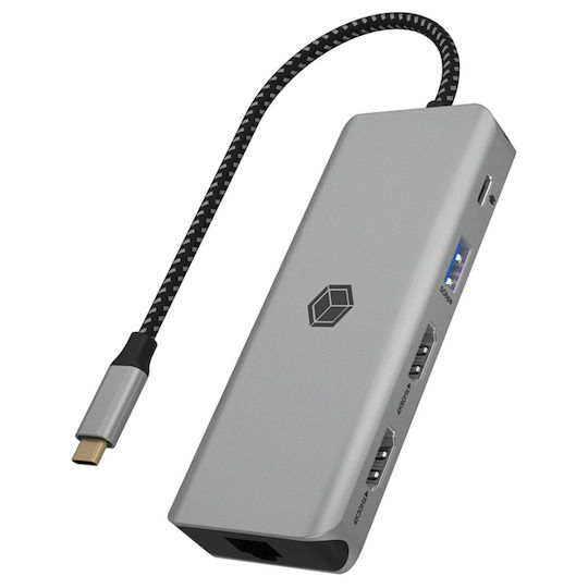 Icy Box IB-DK4012-CPD USB-C Docking Station με HDMI 4K PD Ethernet και σύνδεση 2 Οθονών Γκρι