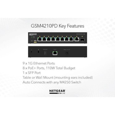 NetGear GSM4210PD Managed L2 PoE Switch με 9 Θύρες Gigabit (1Gbps) Ethernet και 1 SFP Θύρα