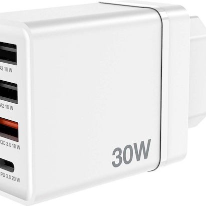 Verbatim Φορτιστής Χωρίς Καλώδιο με 3 Θύρες USB-A και Θύρα USB-C 30W Power Delivery / Quick Charge 3.0 Λευκός (CHR-30EU2)