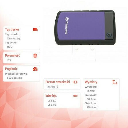 Transcend StoreJet 25H3P USB 3.0 Εξωτερικός HDD 1TB 2.5