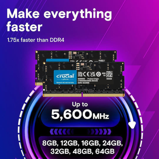 Crucial DDR5 128GB RAM με 2x64GB Modules και Ταχύτητα 5600 για Laptop