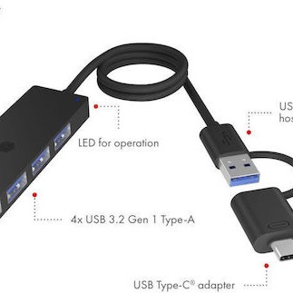 Icy Box USB 3.2 Hub με σύνδεση USB-A / USB-C