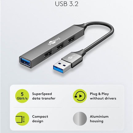 Goobay USB 3.2 Hub 4 Θυρών με σύνδεση USB-A Γκρι