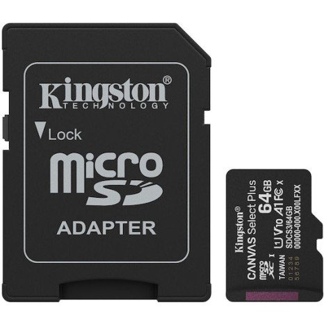 Kingston Canvas Select Plus microSDHC 64GB Class 10 U1 V10 A1 UHS-I με αντάπτορα