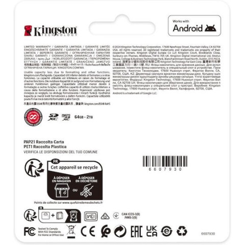 Kingston Canvas Select Plus microSDHC 64GB Class 10 U1 V10 A1 UHS-I με αντάπτορα