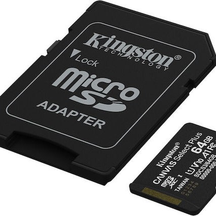 Kingston Canvas Select Plus microSDHC 64GB Class 10 U1 V10 A1 UHS-I με αντάπτορα