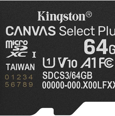 Kingston Canvas Select Plus microSDXC 64GB Class 10 U1 A1 με αντάπτορα