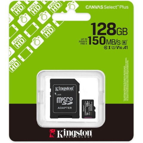 Kingston Canvas Select Plus microSDHC 128GB Class 10 U1 V10 A1 UHS-I με αντάπτορα