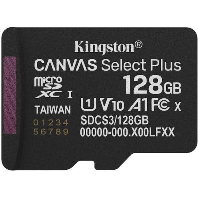 Kingston Canvas Select Plus microSDHC 128GB Class 10 U1 V10 A1 UHS-I με αντάπτορα