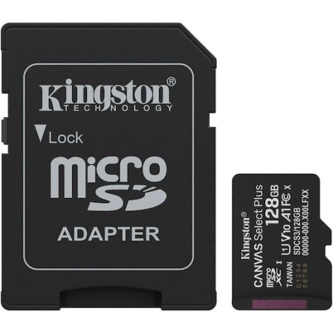 Kingston Canvas Select Plus microSDHC 128GB Class 10 U1 V10 A1 UHS-I με αντάπτορα