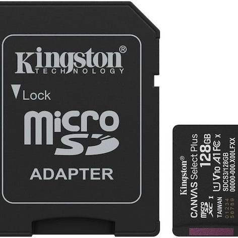 Kingston Canvas Select Plus microSDHC 128GB Class 10 U1 V10 A1 UHS-I με αντάπτορα