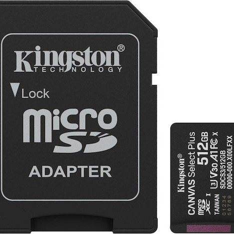 Kingston Canvas Select Plus microSDHC 512GB Class 10 U3 V30 A1 UHS-I με αντάπτορα