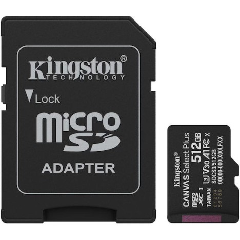 Kingston Canvas Select Plus microSDHC 512GB Class 10 U3 V30 A1 UHS-I με αντάπτορα