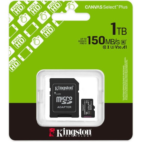 Kingston Canvas Select Plus microSDHC 1TB Class 10 U3 V30 A1 UHS-I με αντάπτορα